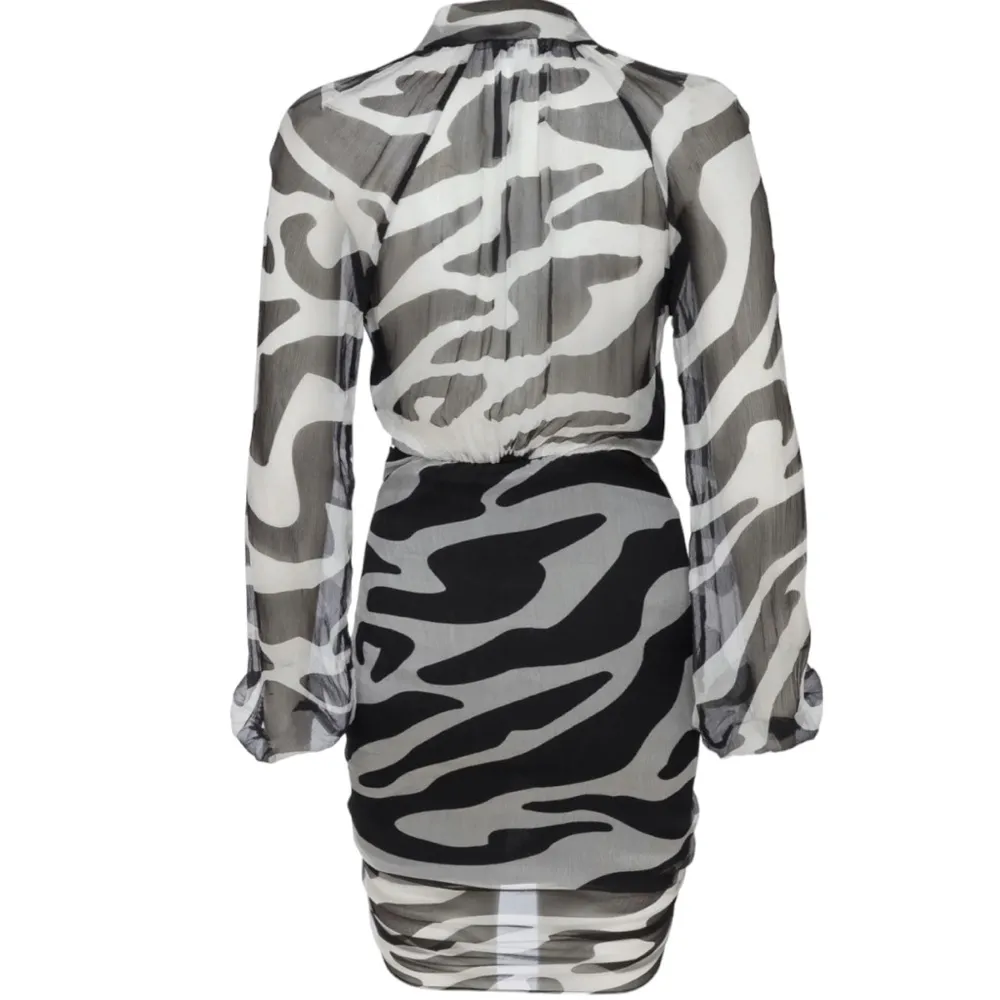 MOTHER OF ALL Vera Ruched Long Sleeve Silk Dress Black and White size 8/10 NWT - Image 4