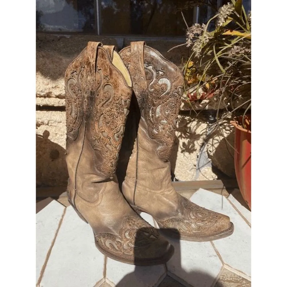 Corral Glitter Inlay Leather boots size 6.5 Tan - Image 3