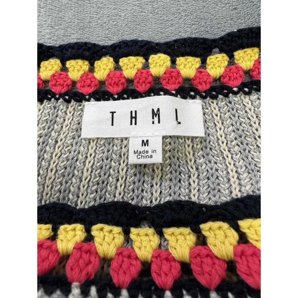 T H M L ‎ Gray Beige Asymmetric Hem Crocheted Knit Pullover Sweater M - Image 2