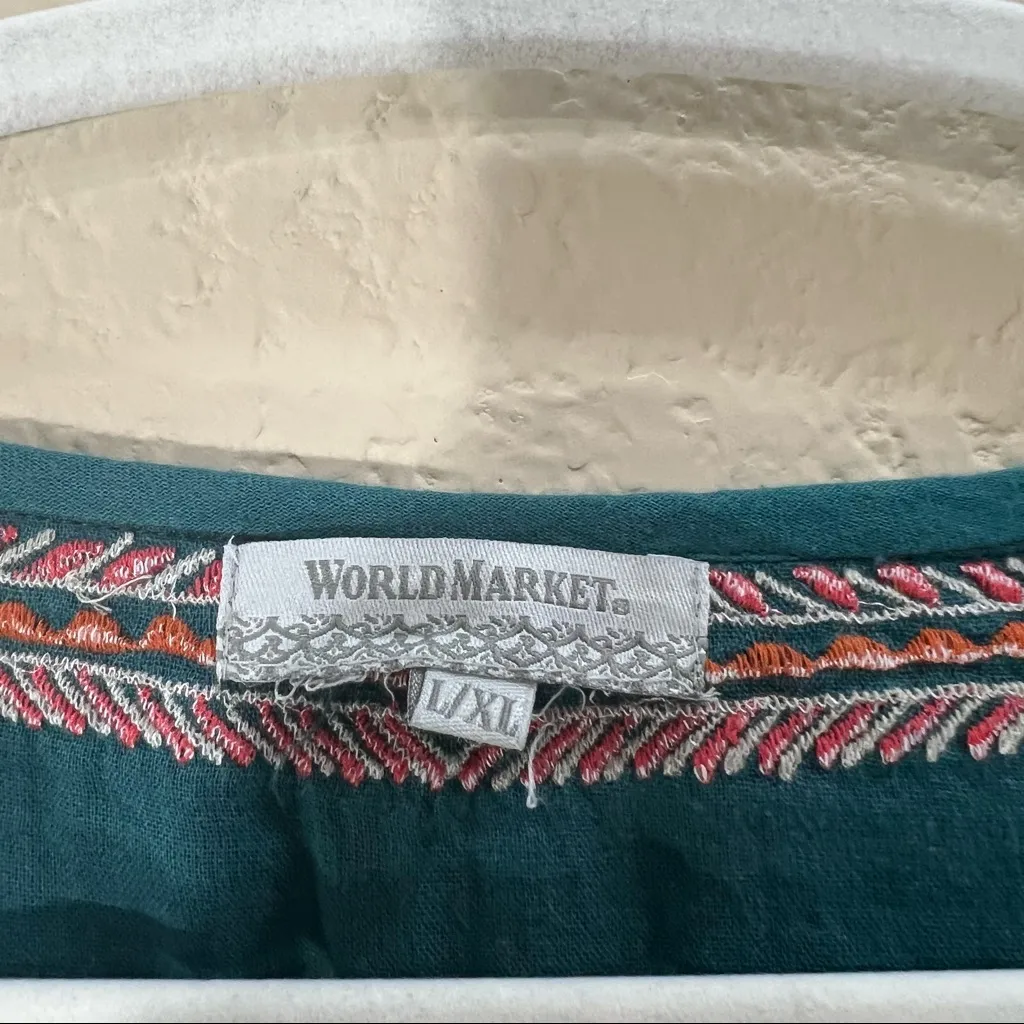 WORLD MARKET Womens Cotton Floral Embroidered Peasant Top Sz L/XL Boho Peasant Green - Image 5