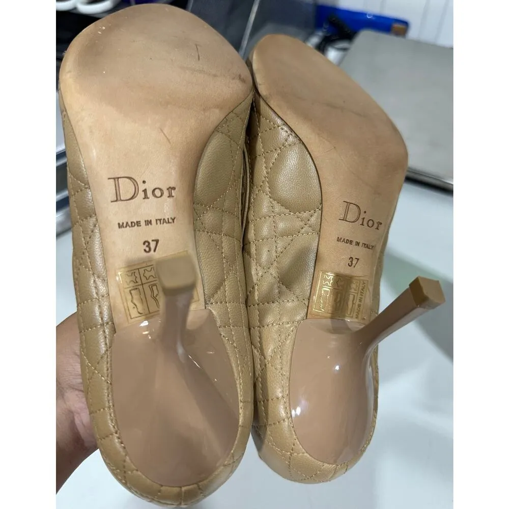 Dior Beige Cannage Leather Bow Detail Peep Toe Pumps - Image 5