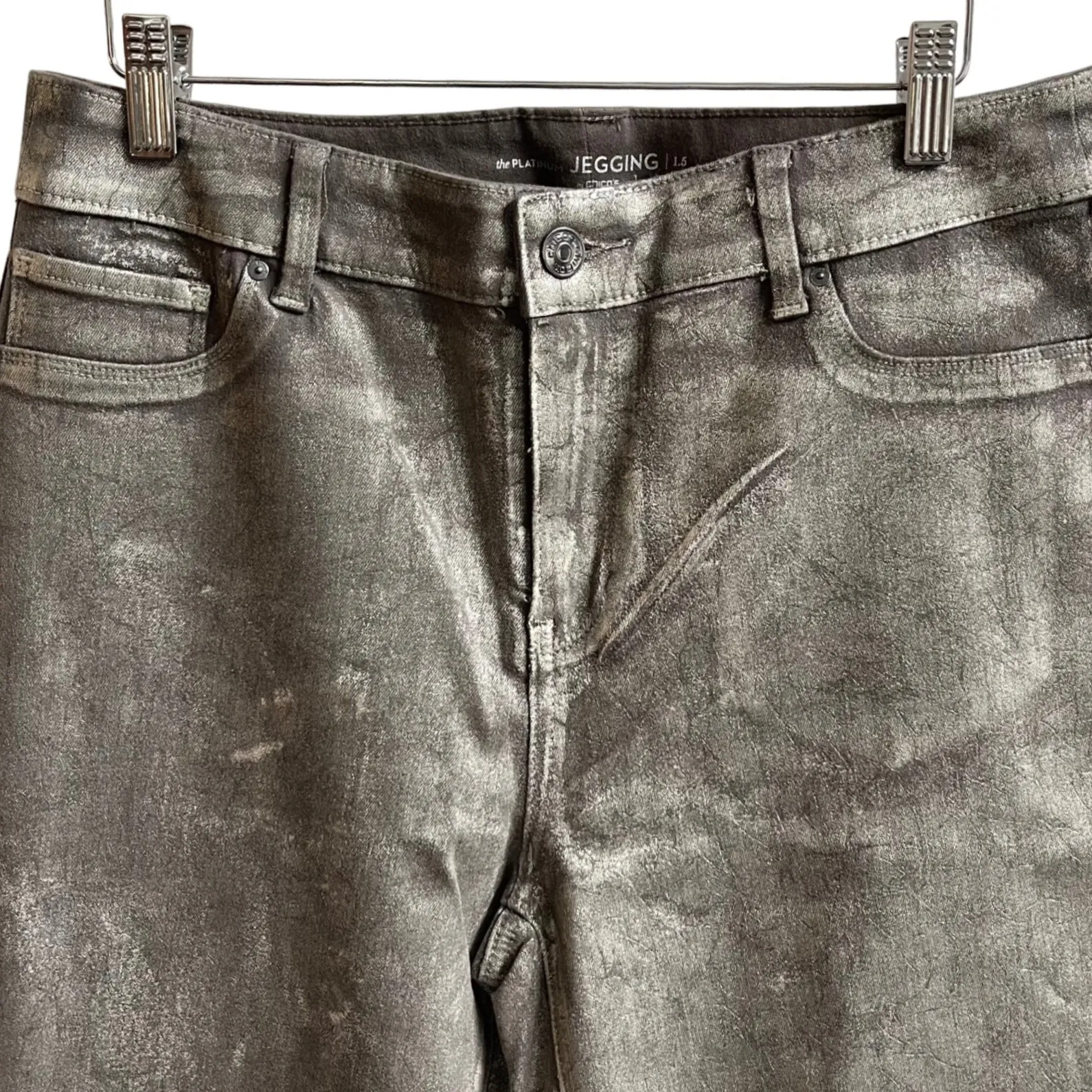Chico's Platinum‎ Jeggings Size 1.5 (10) Silver Metallic High Rise Denim Pants - Image 2