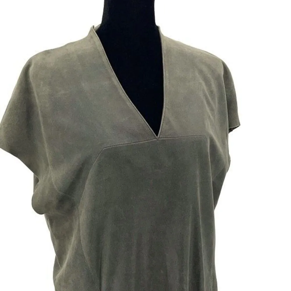 Schai Womens Goat Suede Leather Exposed Back Zip Cap Sleeve Shift Dress Green/Gr Gray - Image 2