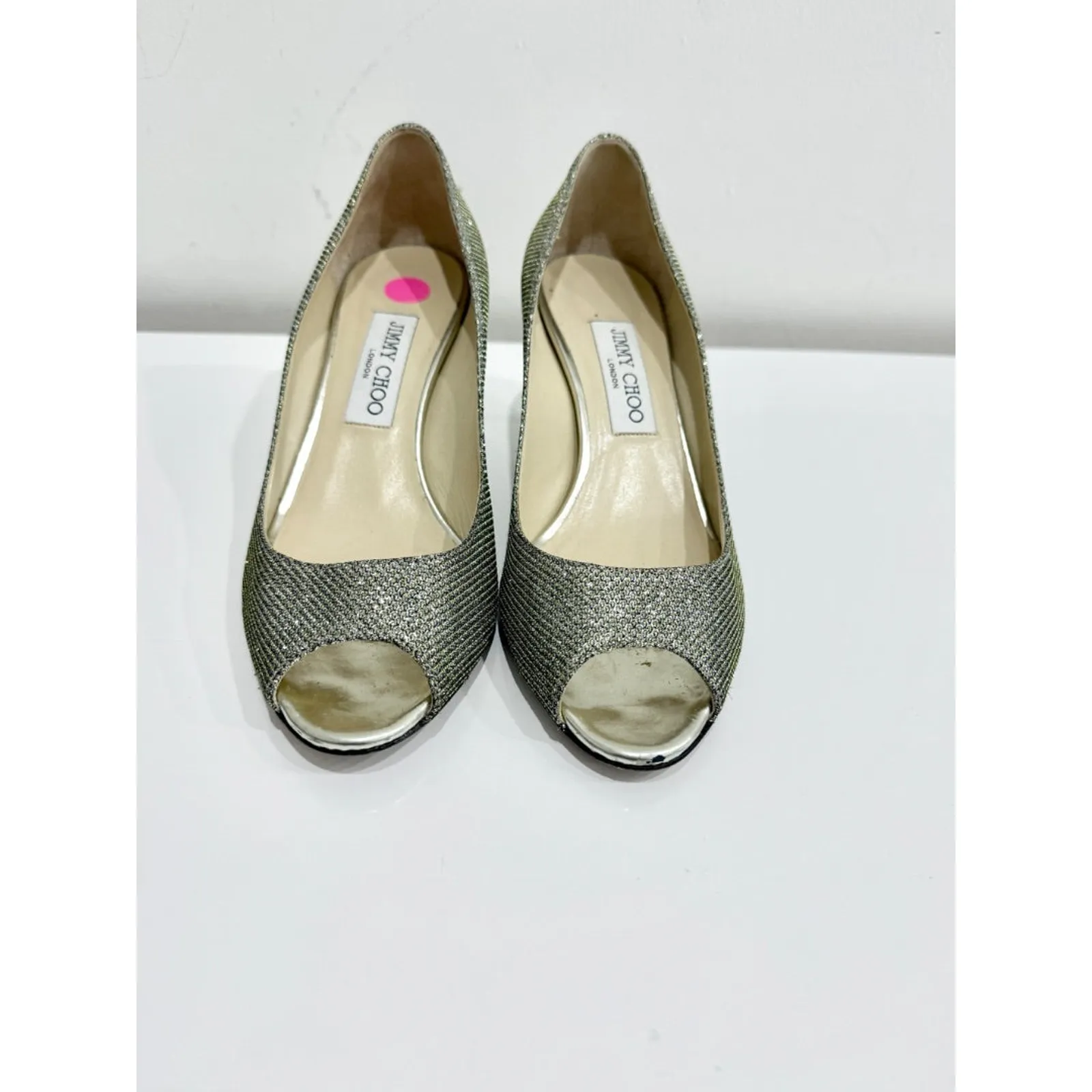 Jimmy Choo Evelyn Metallic Peep Toe Pump Heels Silver Champagne Women's 38/US 8 - Image 2