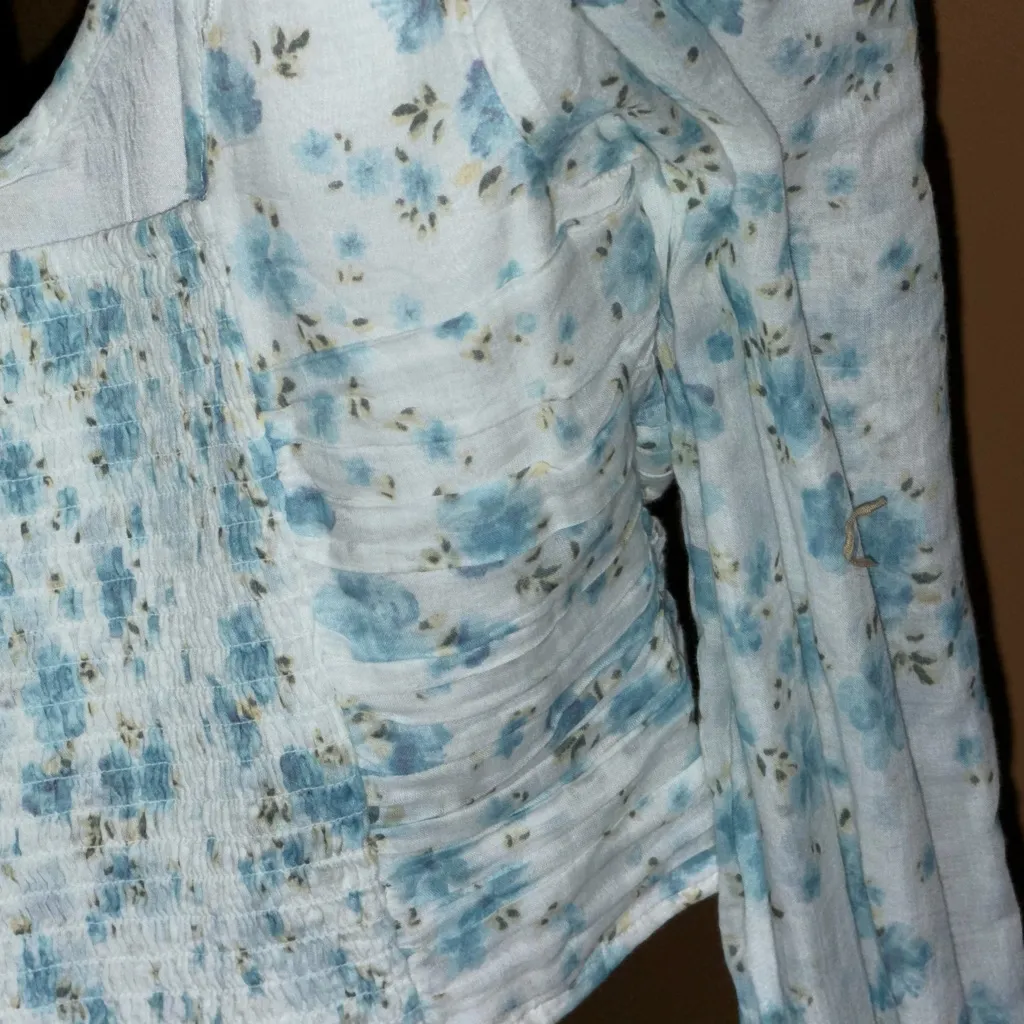 Free People Another Life Blue Floral Cropped Smocked Tie Back Blouse Size Large - Image 14