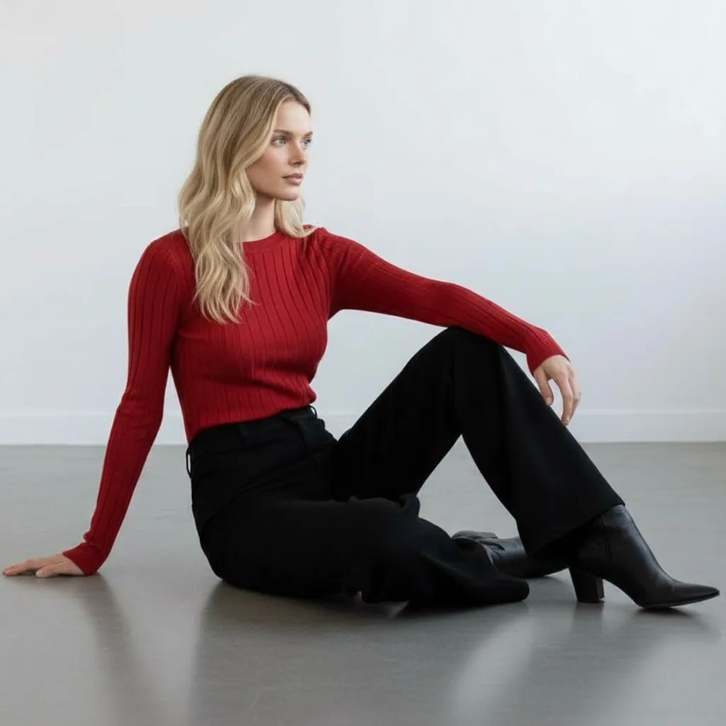 Cinq a Sept Pullover Ribbed Sweater Pomegranate Ruby Red Medium Cinq à Sept - Image 2