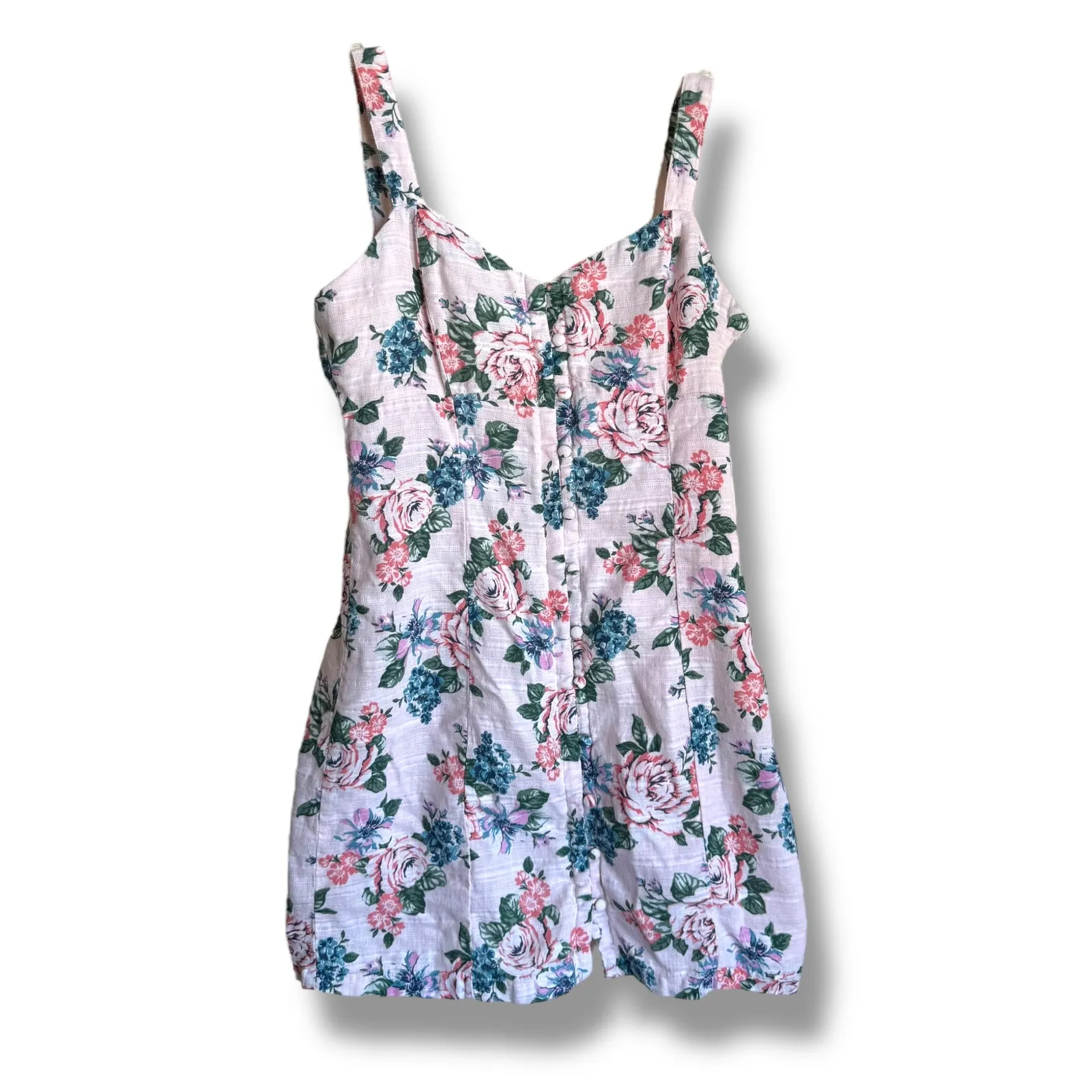 Forever 21 Pink Floral Button Up Dress Size Small‎ Roses Green Sundress Linen - Image 3
