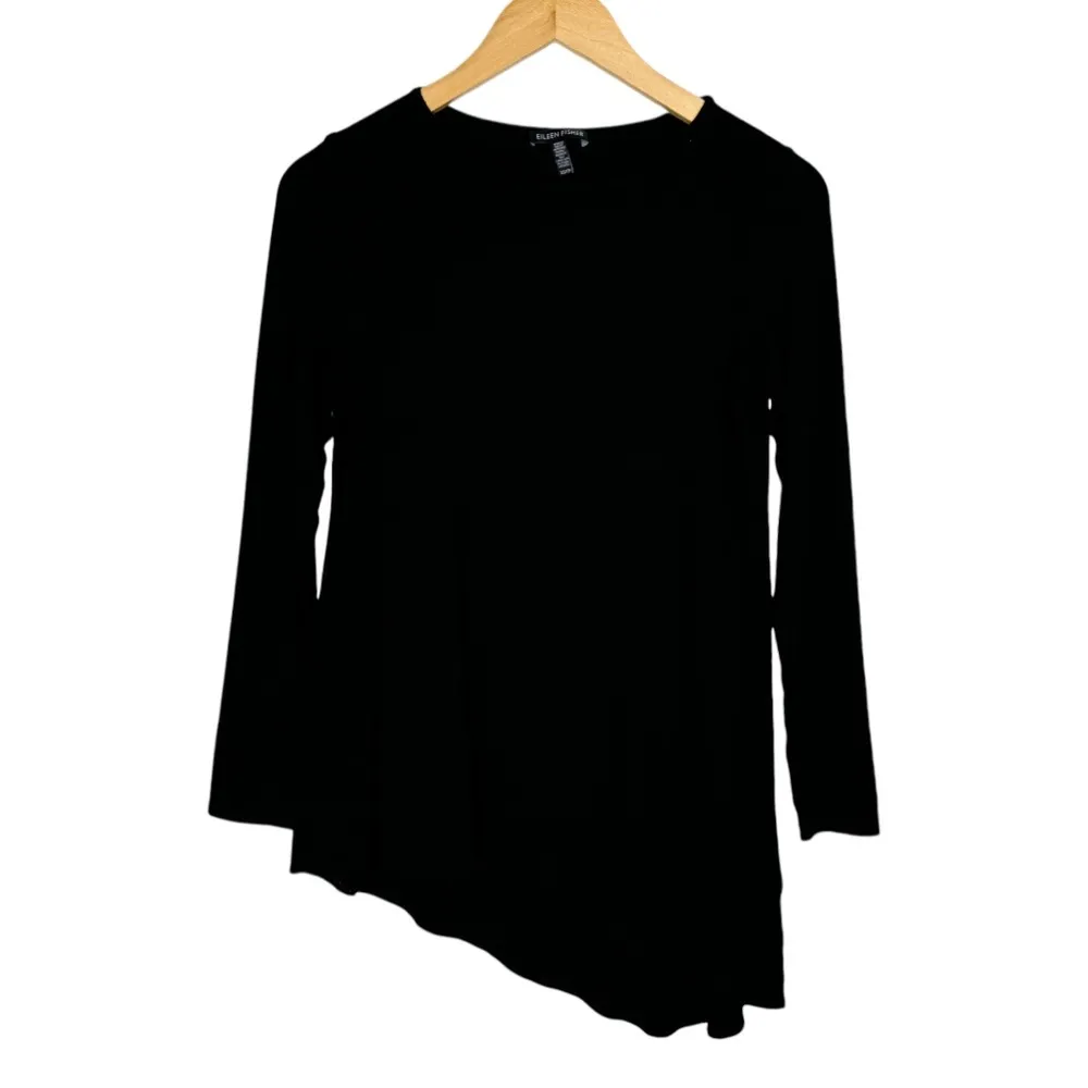 Eileen Fisher Asymmetrical Black Long Sleeve Tunic Top Sz XS Jersey Bateau Neck - Image 2