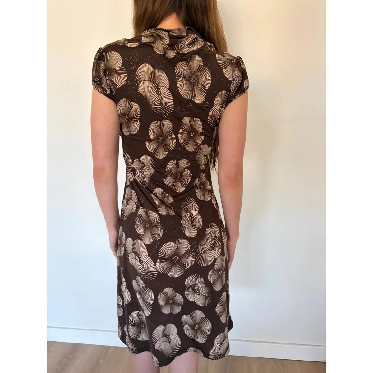 Brown Sparkly Midi Vintage Gold Floral Cap Sleeve / Off Shoulder Dress Size M - Image 2