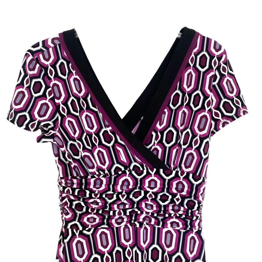Studio I Purple Black Trim Printed Midi Formal V Neck Short Sleeve Dress Size 6 - Image 3