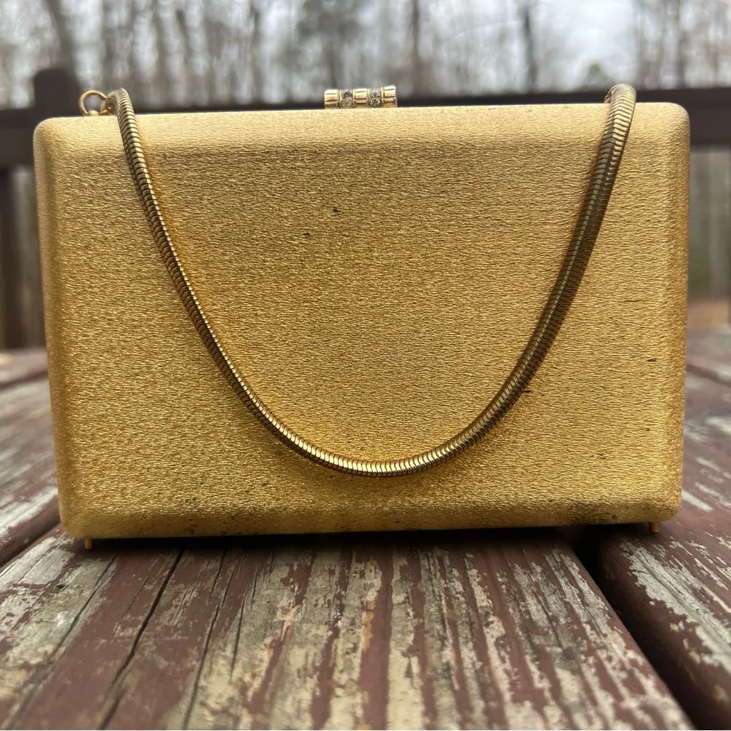 Vintage Women’s Volupte Hard Shell Lined Evening Purse/Bag W/Rhinestone Clasp Gold - Image 16