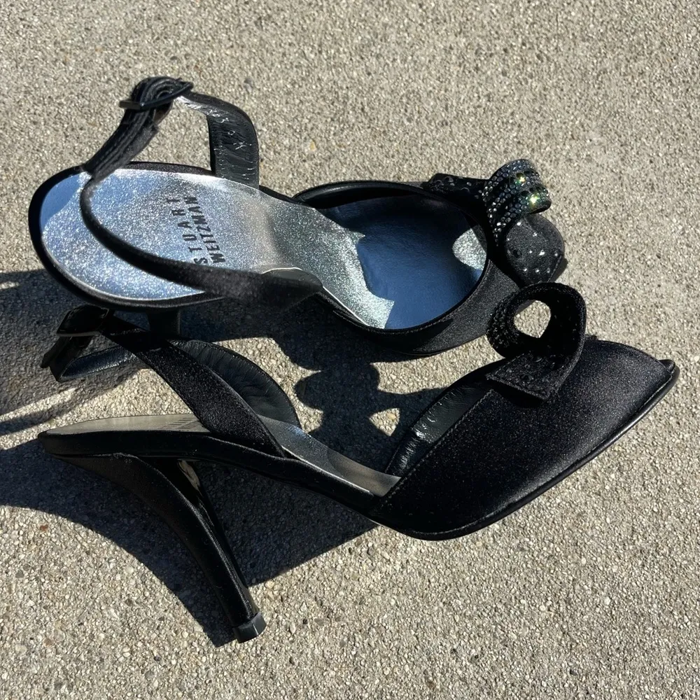 BLACK SATIN SLINGBACK PEEP TOE HEELS WITH RHINESTONE BOW size 6 - Image 7