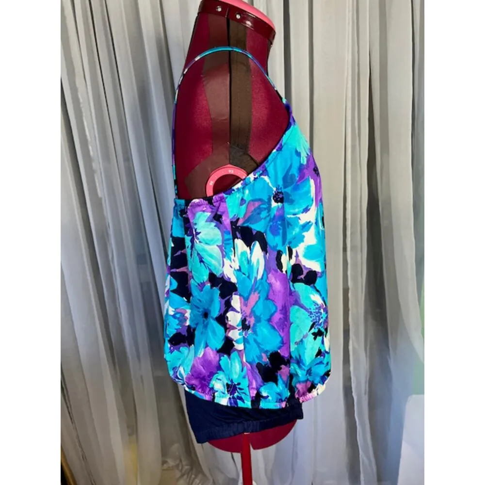 Le cove one piece swimsuit Vintage floral tankini look blue purple white Size 12 - Image 6