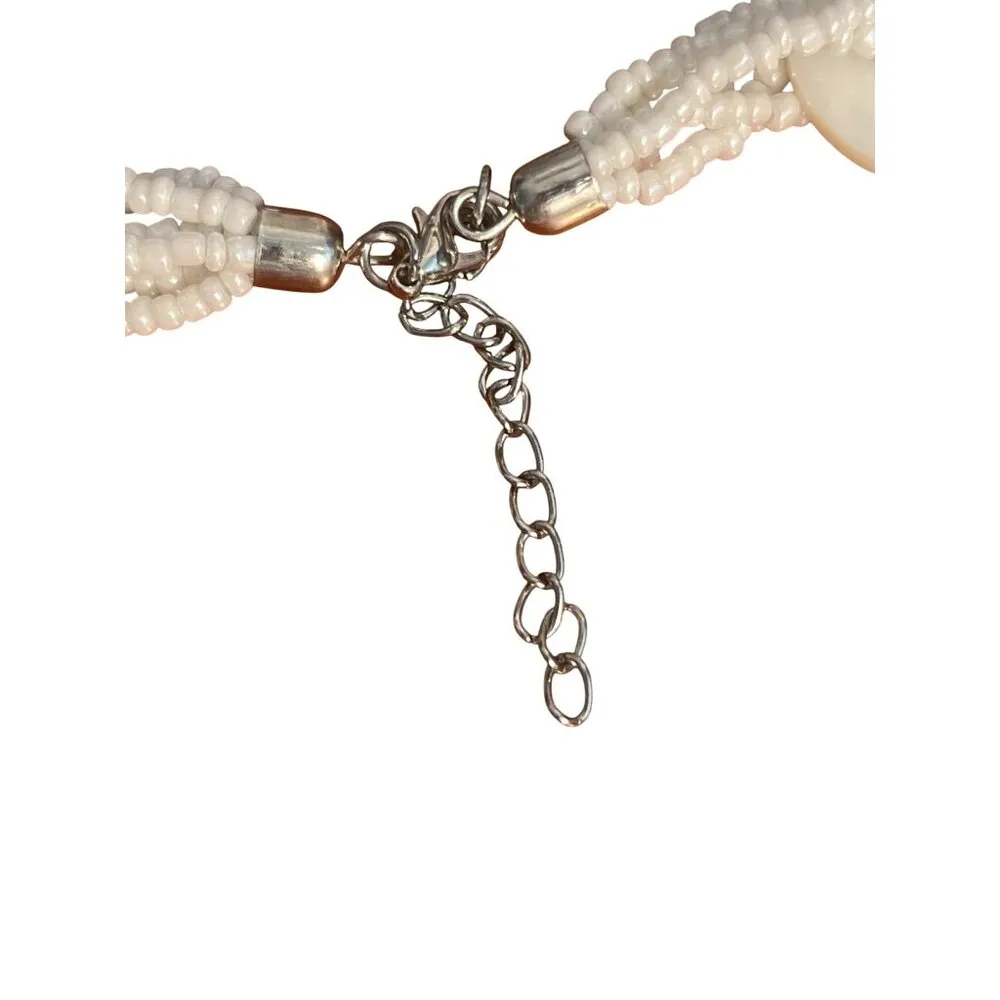 Vintage Seed Bead Shell Necklace Disc Multi Strand Twisted Chunky Vacation Adj White - Image 4