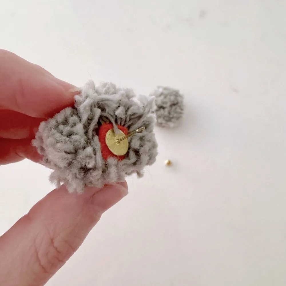 Cozy Handmade Gray Pom Pom Boho Chunky Knit Yarn Earrings, (Stud) Post Back - Image 7