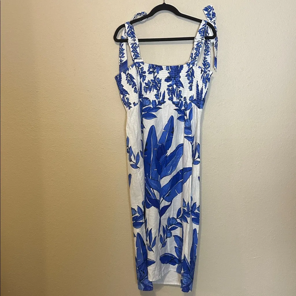 CALYPSO ST. BARTH Linen Blend Beaded Strap Placed Print Midi Dress Womens XL - Image 9