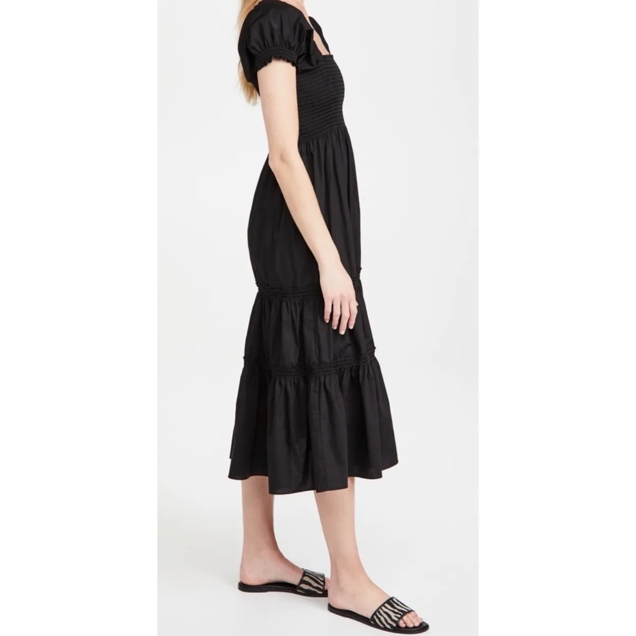 OPT Black Square Neck Smocked Puff Sleeve Tiered Midi Dress Women's Size S - Image 3