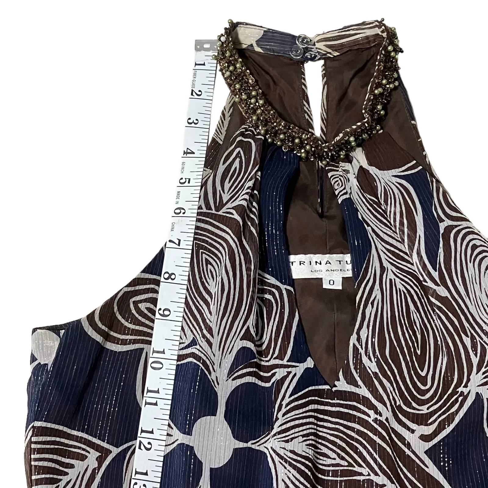 Trina Turk Jeweled Halter Metallic Floral Blue Brown Sleeveless Silk Blouse-0 - Image 9