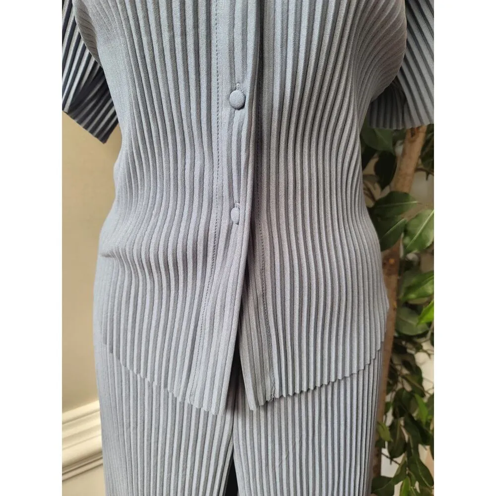 MANIER E DE VOIR 2 Piece Suit Womens Size 12 Blue Striped Short Sleeve Mock Neck - Image 11