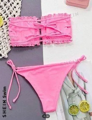 Swim Summer Beach Ruched Bikini Set Frill Trim Tie Back Bandeau Top & Tie Side Bottom 2 Piece Bathing Suit - Image 2