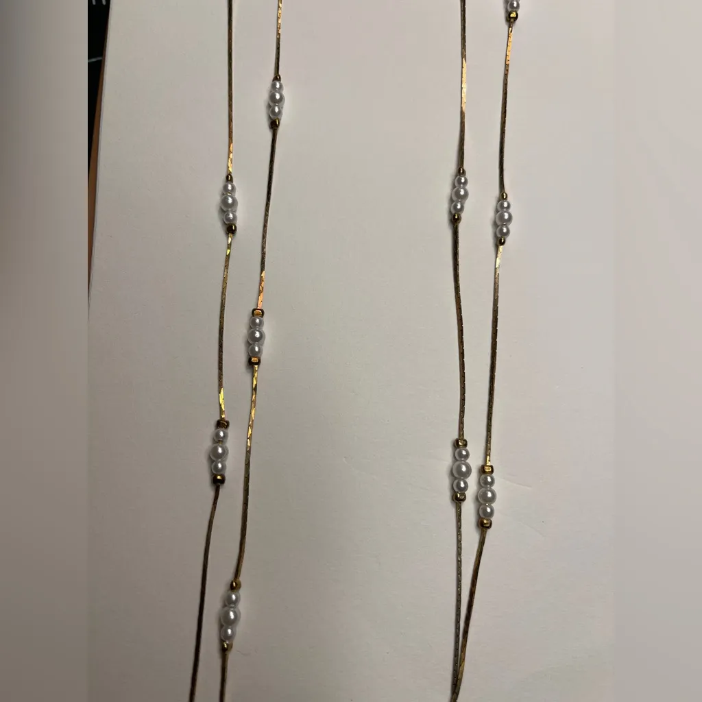 Vintage Signed Korea Faux Pearls gold tone chain Extra Long Necklace set of two - Image 7