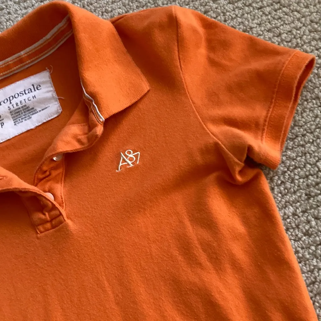 Aeropostale Y2K Orange Stretch Polo Short Sleeve Button Down Blouse Solid Small - Image 4
