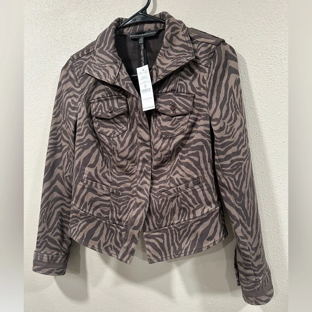 NWT White House Black Market Espresso Zebra Print Denim Jacket Size 0P - Image 3