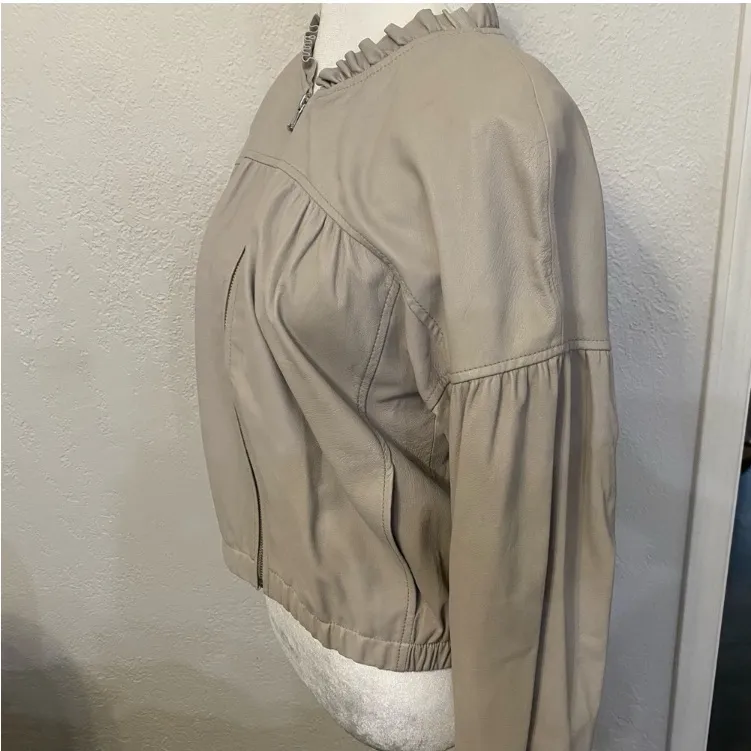 Rebecca Taylor light grey lamb leather ruffle trim bomber jacket 8 - Image 6