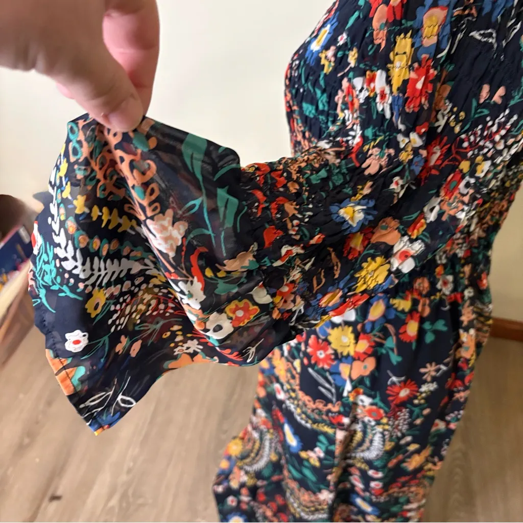 Elegant Floral Print Maxi Dress Bell Sleeve Smocked Bodice Prairie Bump friendly - Image 6