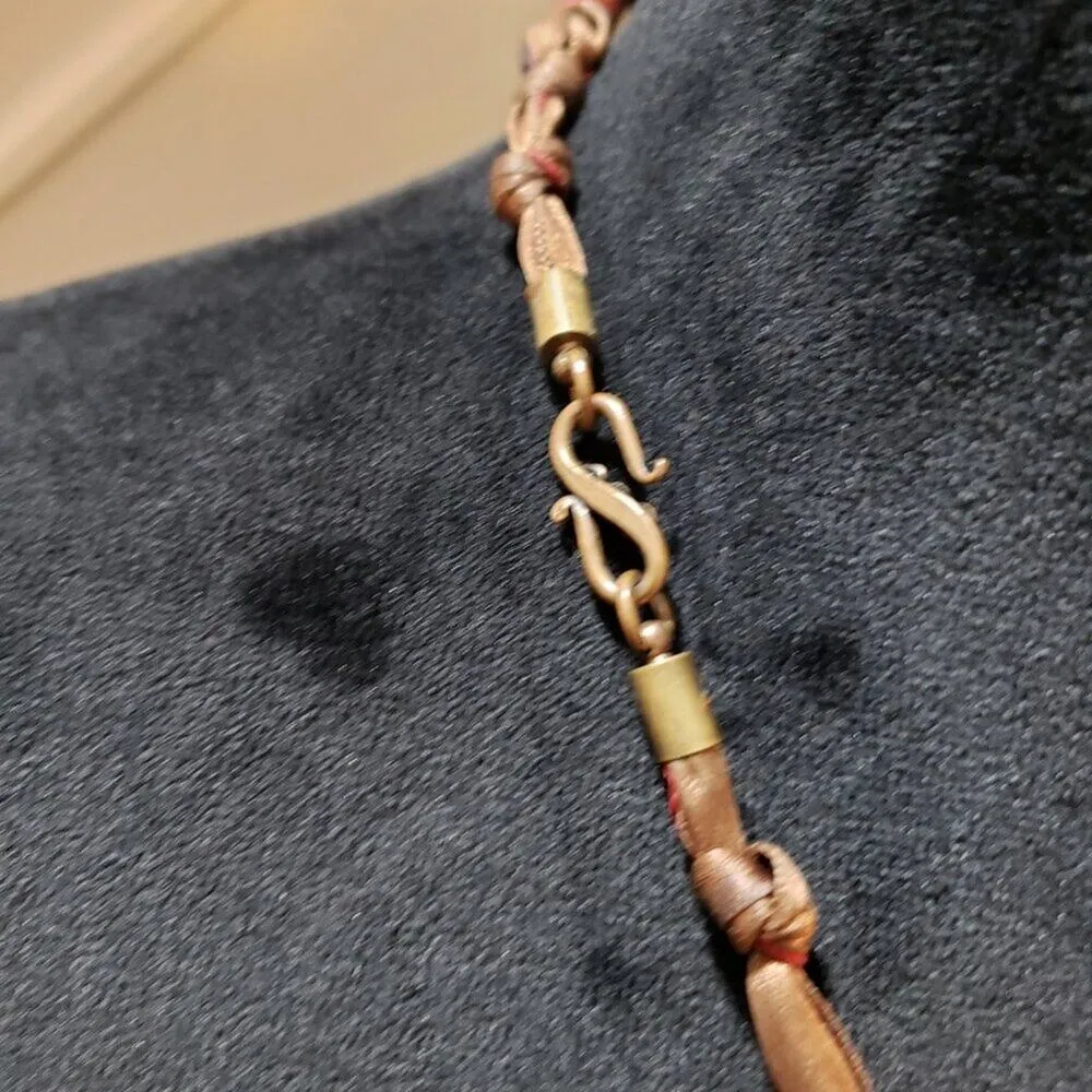 Women Brown Ribbon Wrapped Wood & Crystel Bead Collar Necklace with S Hook Clasp - Image 5