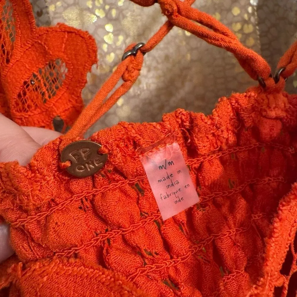 Free People One Adella Orange Longline Lace Smocked Bralette M - Image 5