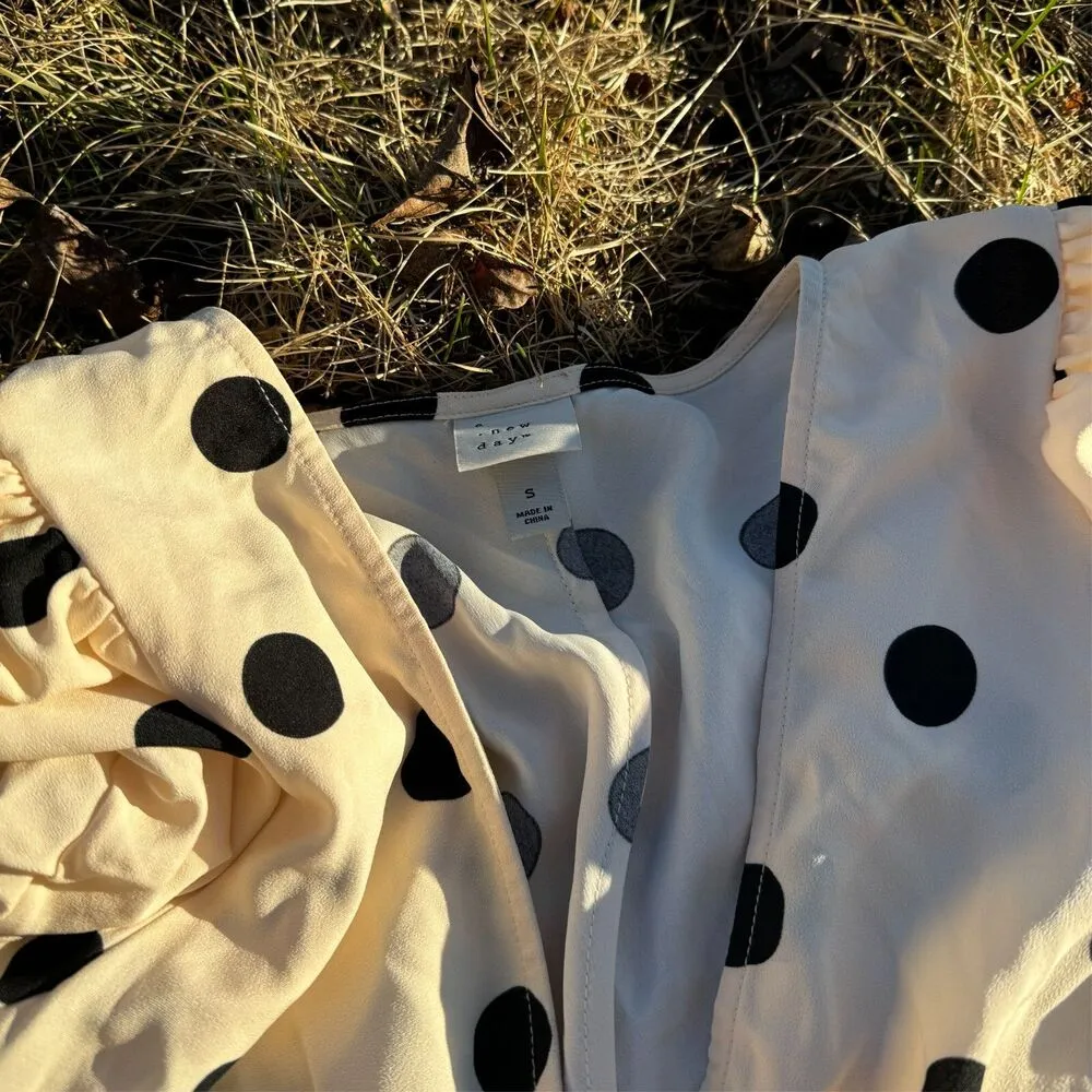 New Day Midi A-Line Dress Womens Small Crepe Ruched Short Sleeve Polka Dot - Image 3