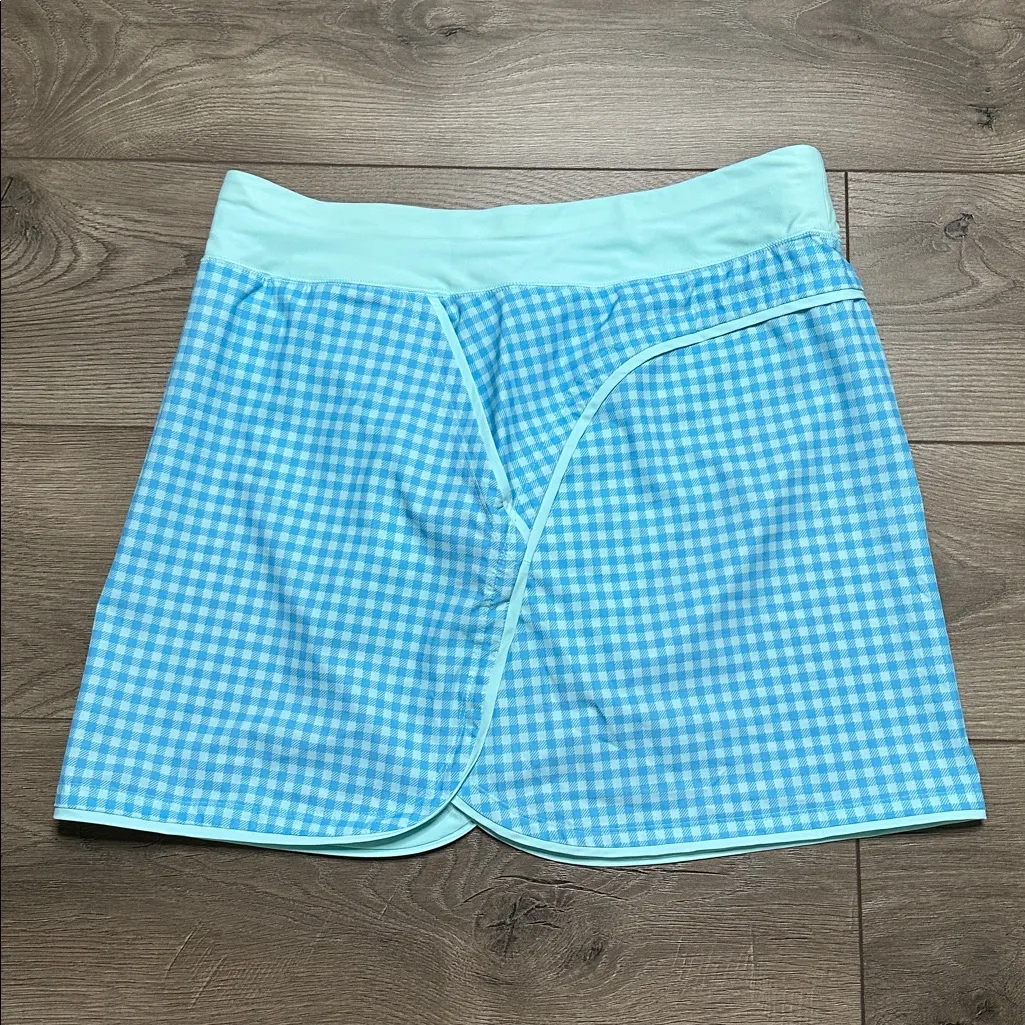 Lands' End 17” Board Skort Swim Skirt Blue Mint Gingham Plaid Size 12 - Image 2