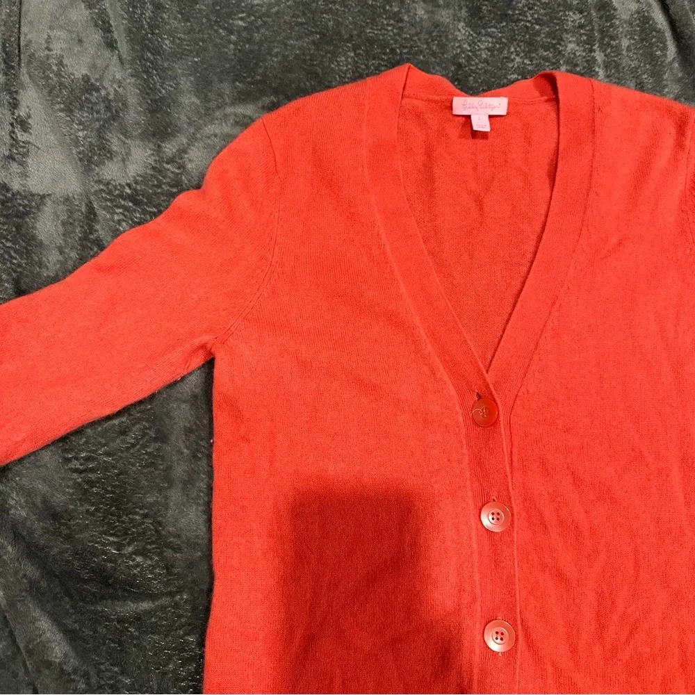 Lilly‎ Pulitzer Cashmere Cardigan Sweater Pockets Size Large Coral - Image 4