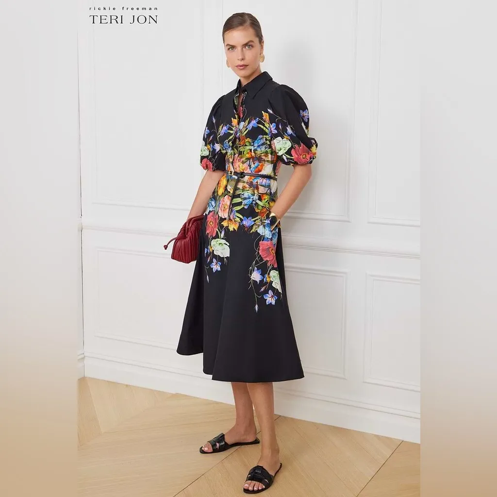 Rickie Freeman for Teri Jon Black Floral Midi Dress Size 12 - Image 2