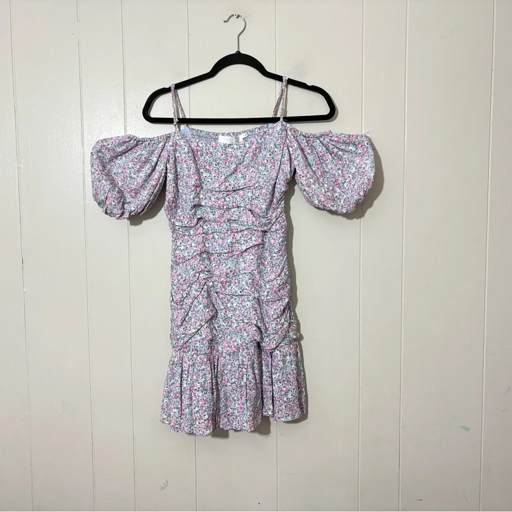 ASTR the Label Rushed Off Shoulder Blue Pink Ditsy Mini Floral Dress Size S - Image 3