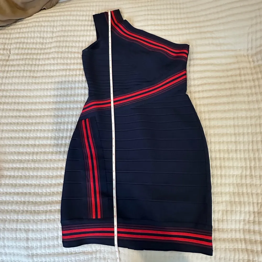 Herve Leger One Shoulder Striped bandage dress navy with red accents - Image 11