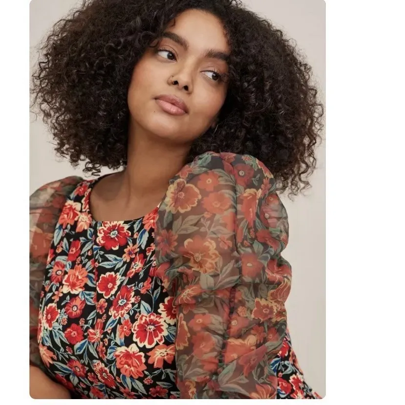 Torrid Colorful‎ Floral Crepe Organza Puff Sleeve Shift Dress Size 12 Pockets - Image 2