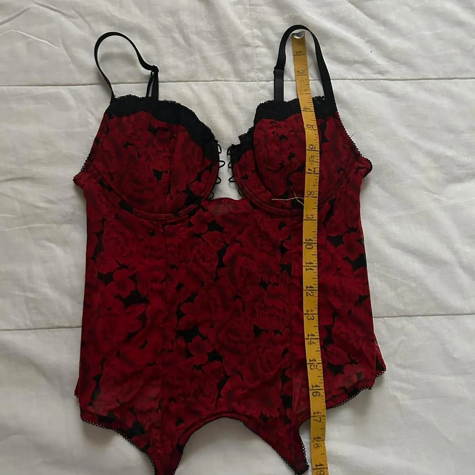 Red rose print and black mesh corset top Size 34B - Image 7