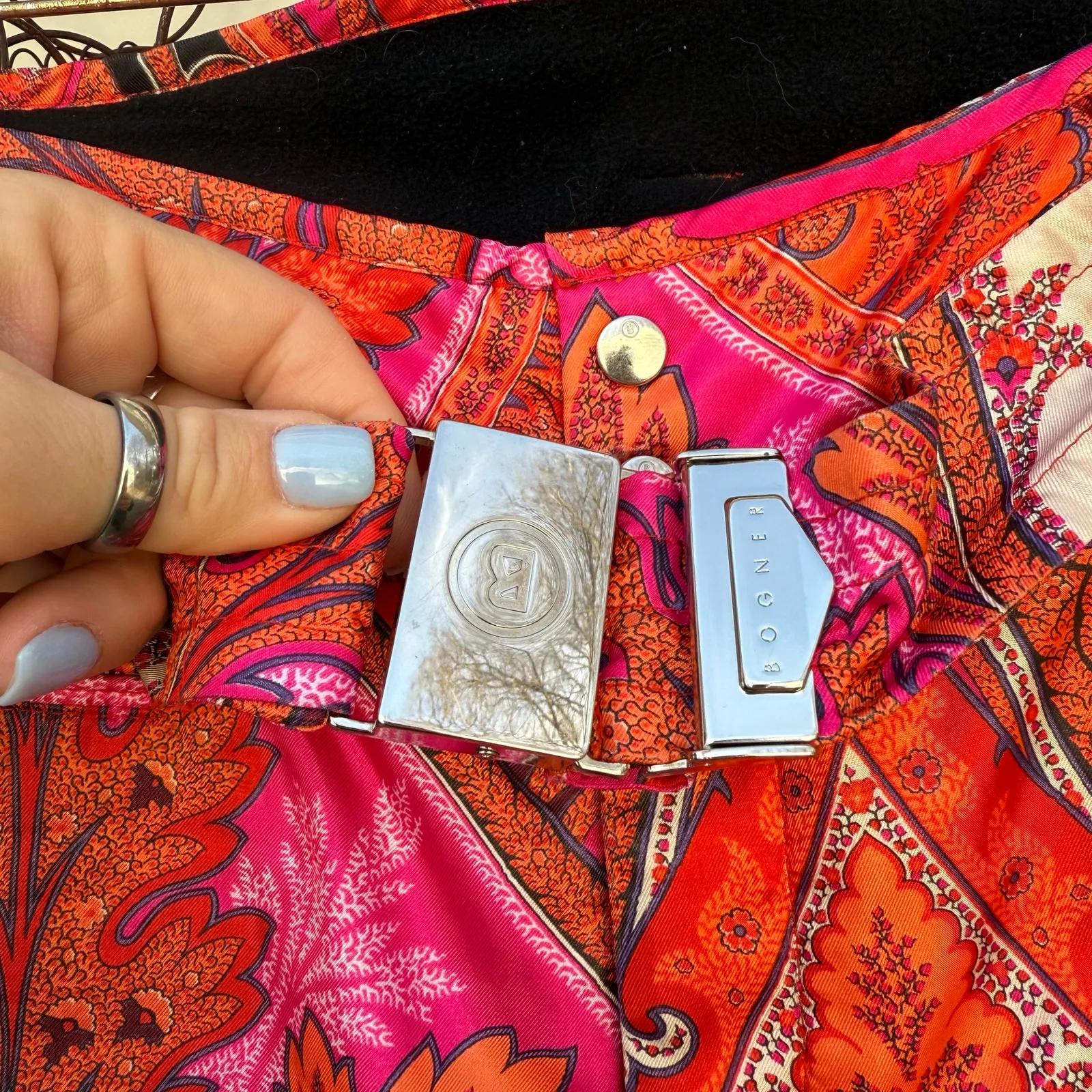 Bogner Belted orange pink paisley slinky ski snowboard pants US Size 8 - Image 2