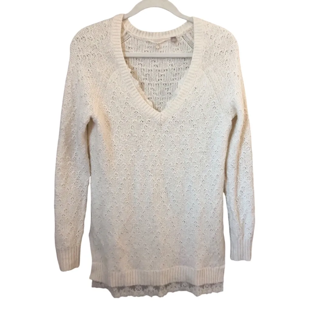 C Anthropologie Knitted & Knotted Cream Lace Bottom Hem Women’s Sweater XS - Image 4