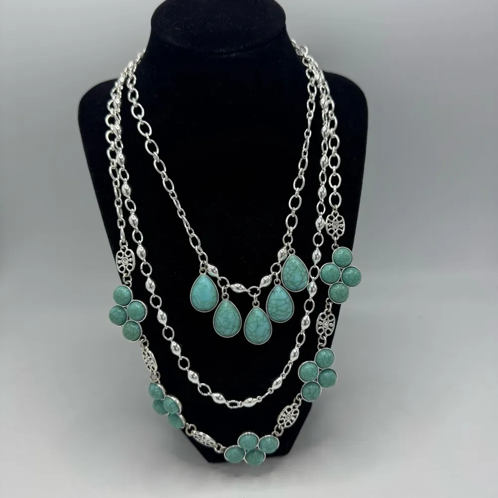 Switch it up Neckless Set of 3 Silver Plated w/ Turquoise Colored acrylic Stones - Image 5