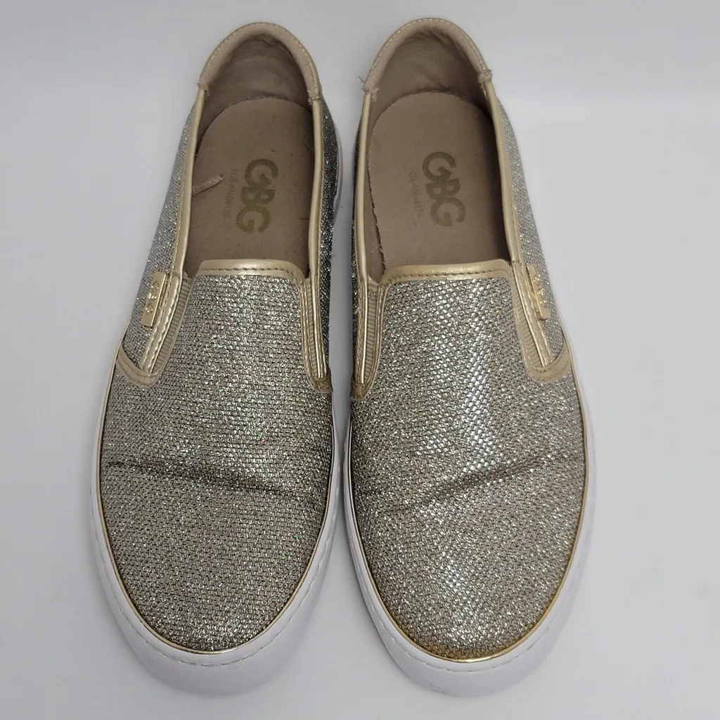 G By Guess Los Angeles Gollys2 Slip-On Sneakers Metallic Gold Glitter Shoe Sz 8M - Image 7
