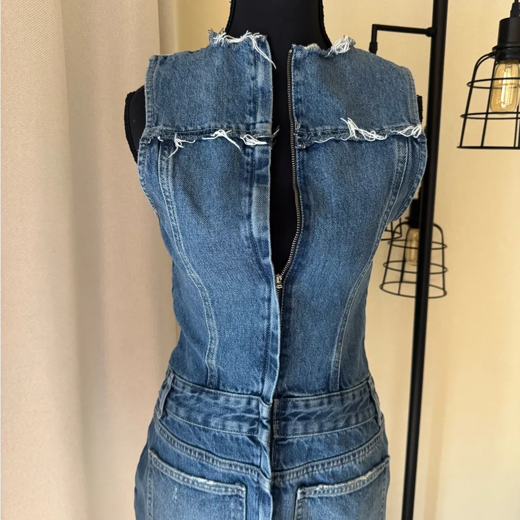 Zara Trendy Distressed Denim Mini Dress Front Zip Sleeveless Bodycon XS - Image 2