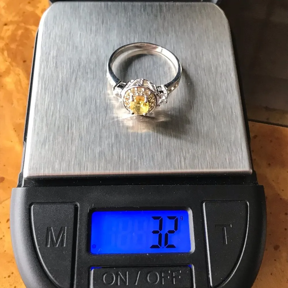 Natural Yellow Sapphire Sterling Silver Halo Ring Size 9 - Image 8