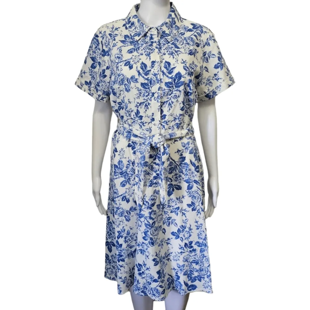 London Style Blue & White Floral Linen Blend Belted Shirtdress Size 14 - Image 2