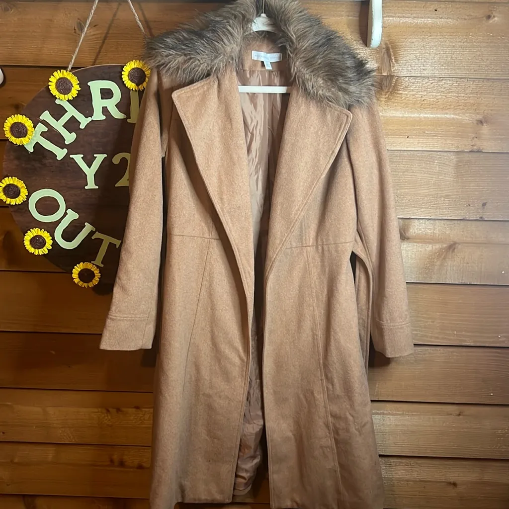Wool Fur Collar Brown Tan Black Maxi Trench Coat Open Belted Lined Jacket Luxury - Image 4