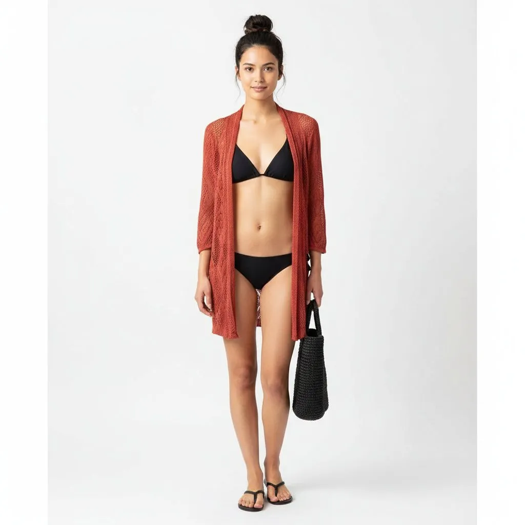 Soft Surroundings Terra Cotta Orange Crochet Sheer Open Front Cardigan Sweater M - Image 6