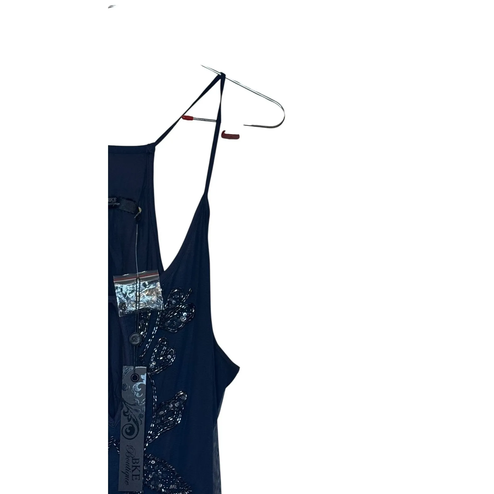 BKE Boutique Women's Tank Top Floral Beaded Sheer Racerback Navy Blue Large‎ NWT - Image 2