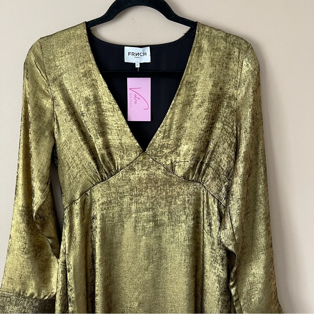 FRNCH PARIS | Metallic Gold Long Sleeve Lisna Midi Dress Sz XS - Image 4